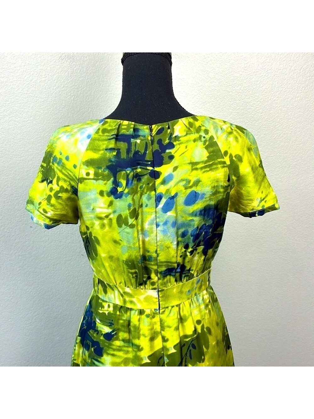 Peter Som Silk Dress Chartreuse Watercolor Print Pockets Pleated  XS - Picture 6 of 10